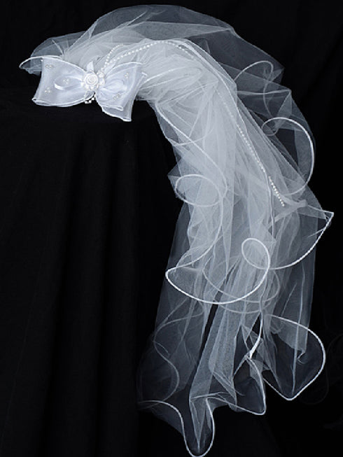 Kids Dream Girls White Pearl Bow Comb Communion Flower Girl Veil - SophiasStyle.com